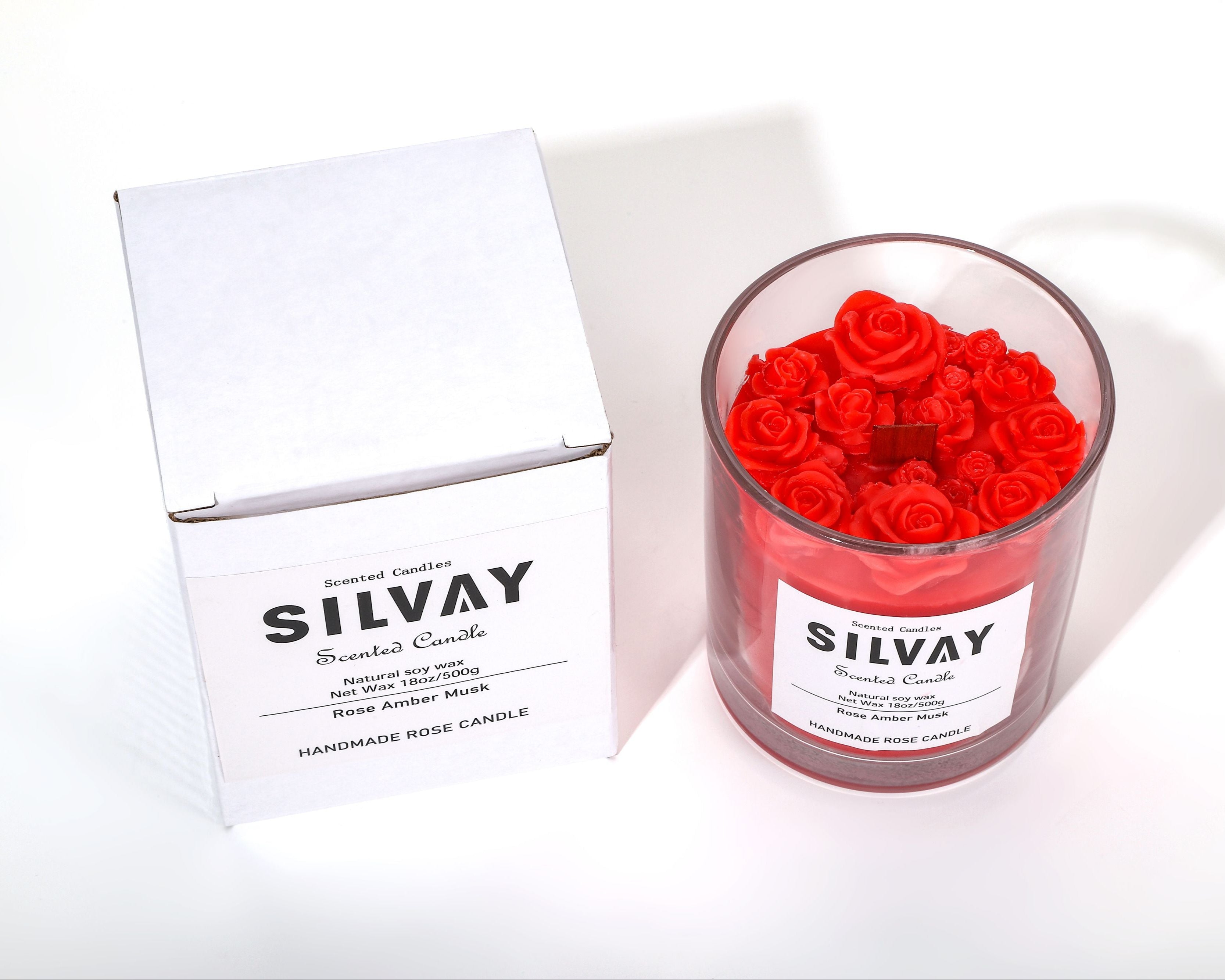 Handgemaakte geurkaars Rose Amber Musk, 100% sojawas, 150 uur brandduur. 