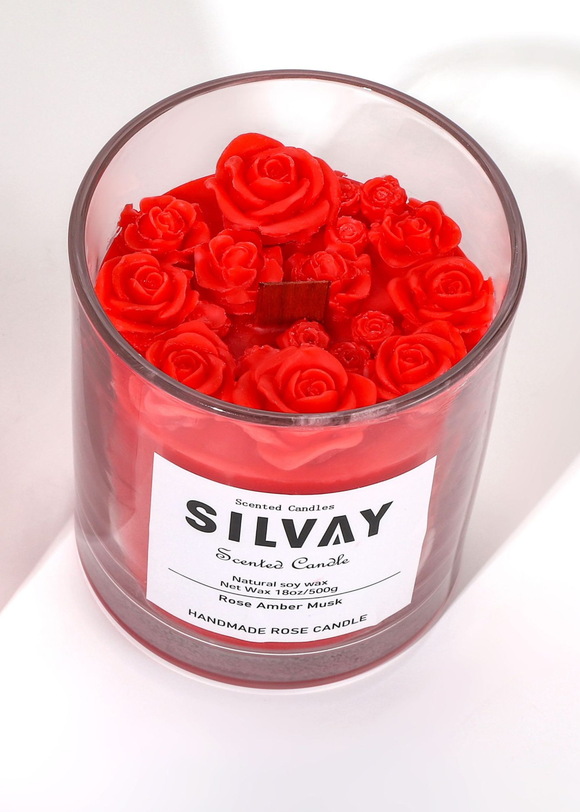 Handgemaakte geurkaars Rose Amber Musk, 100% sojawas, 150 uur brandduur. Luxe geur voor een warme sfeer