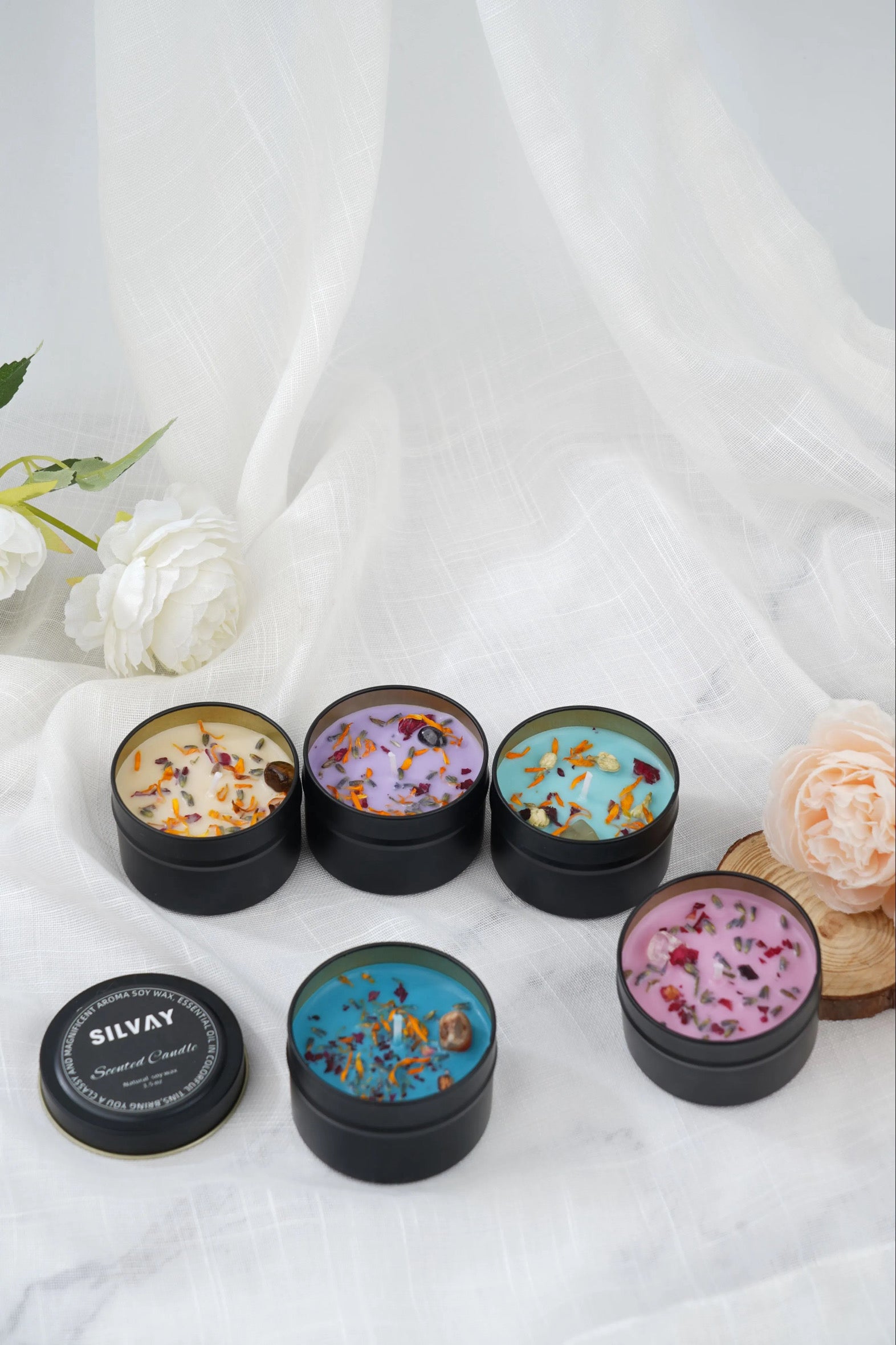 Handgemaakte Vanille Geurkaarsen Set – 5-Delig met Bloemen & Kristallen