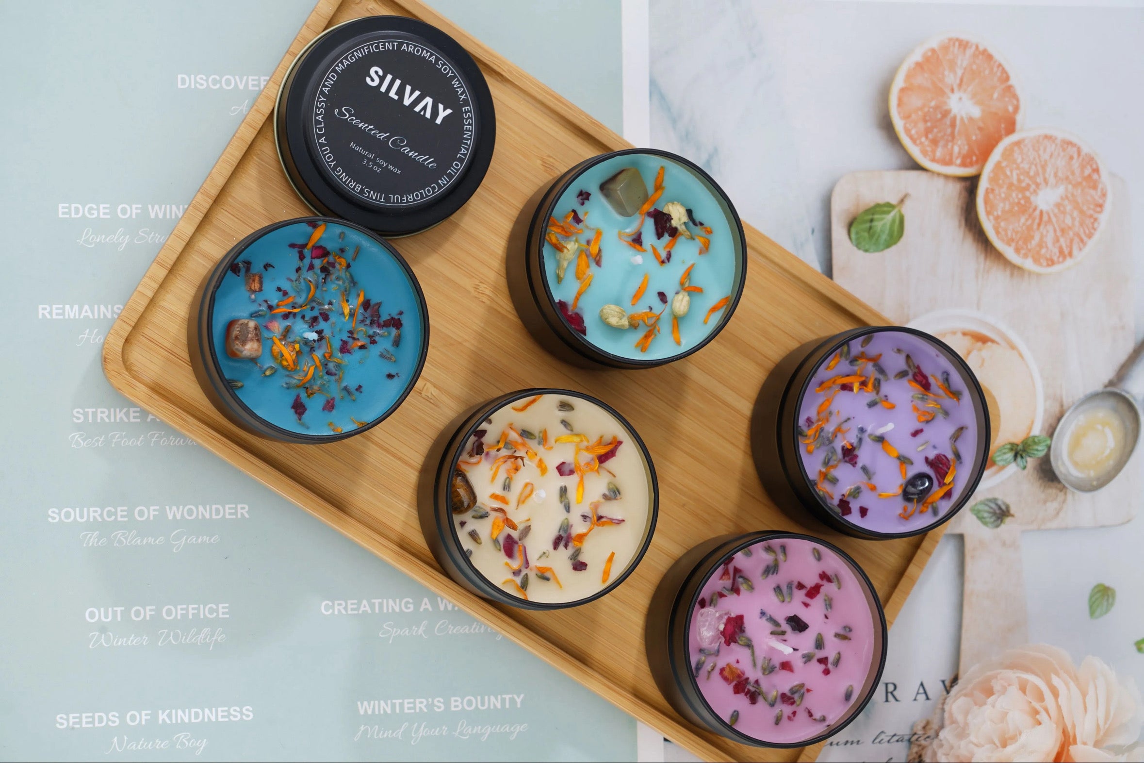 Handgemaakte Vanille Geurkaarsen Set – 5-Delig met Bloemen & Kristallen