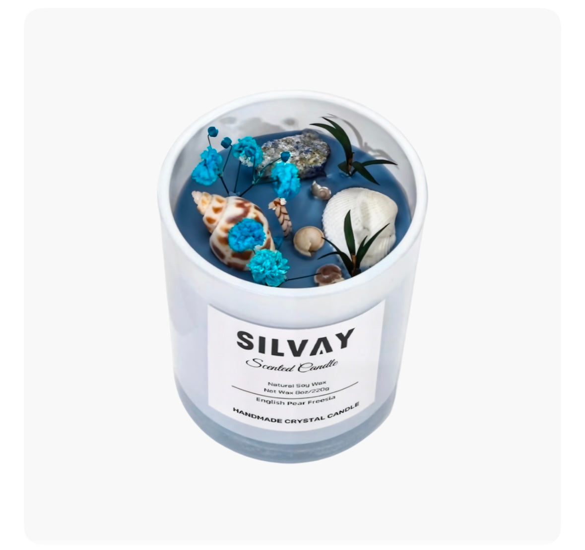 Handgemaakte sojawaskaars in glas met Engelse peer- en freesiageur, duurzaam cadeau.