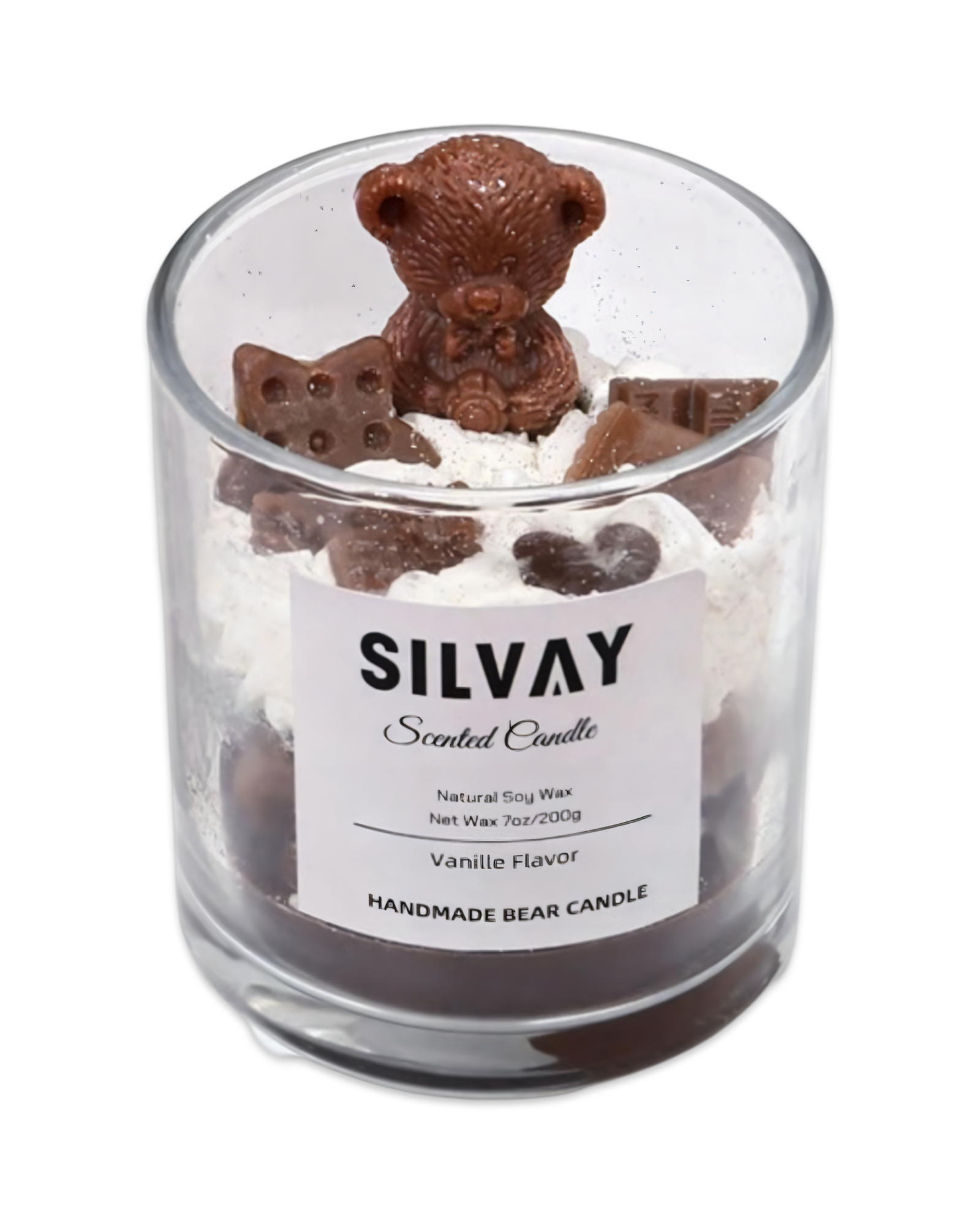 Handgemaakte chocolade teddybeer geurkaars met vanille geur, duurzaam en luxe cadeau van sojawas.