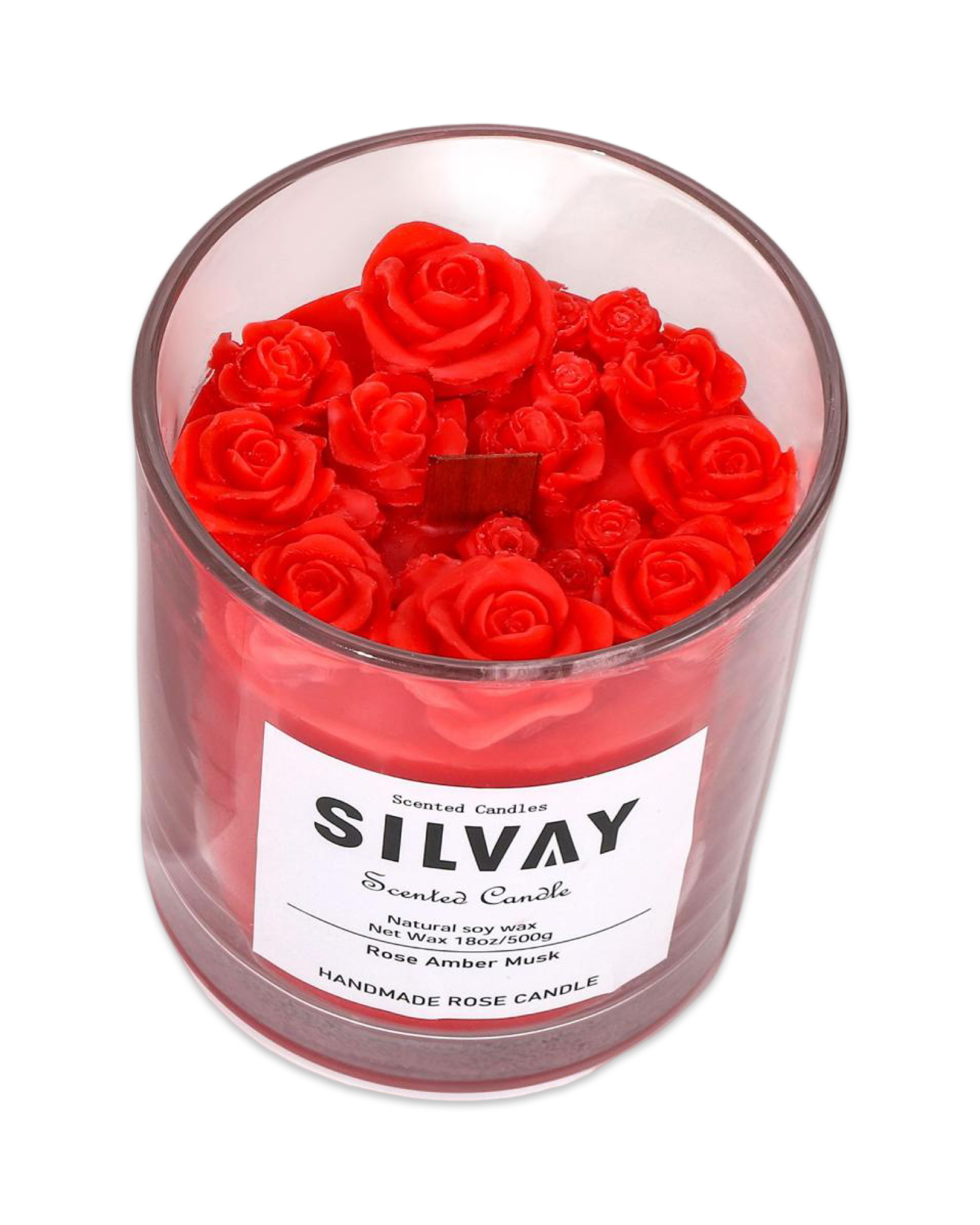 Handgemaakte geurkaars Rose Amber Musk van 100% sojawas met 150 uur brandduur, luxe geur voor een warme, gezellige sfeer.