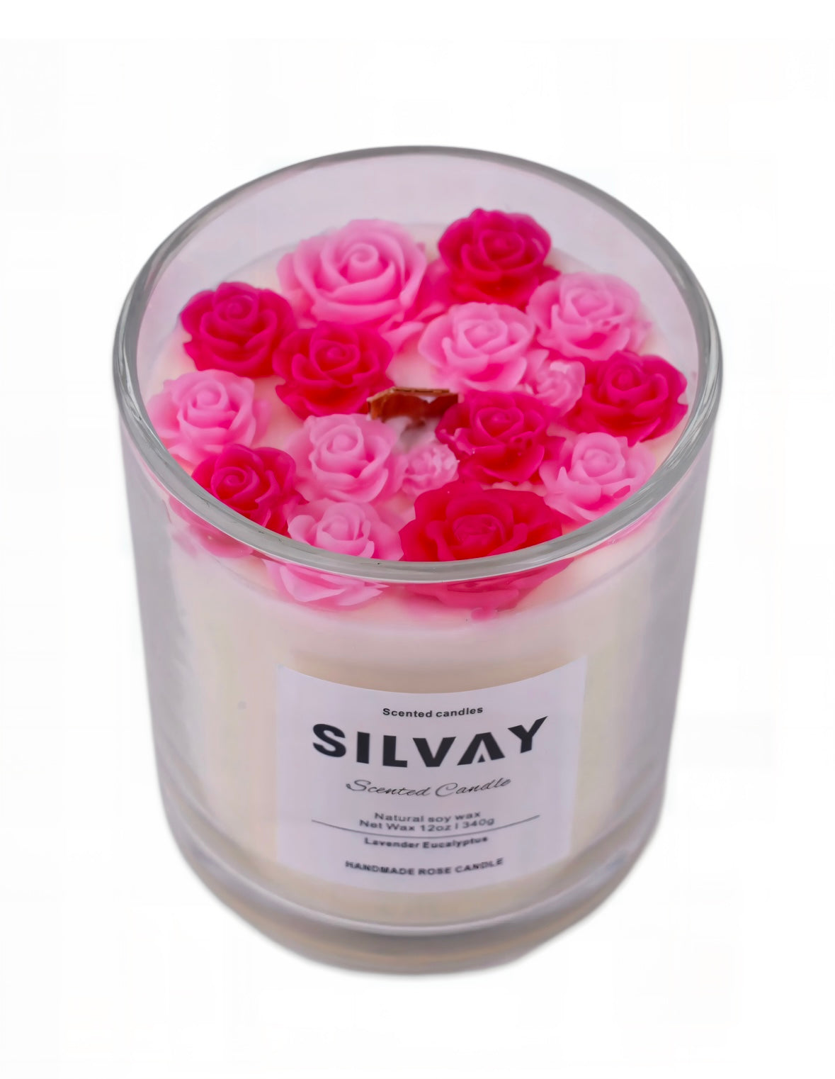 Handgemaakte rozenkaars in lilac en baby roze, met lavendel-eucalyptus geur, perfect voor verjaardagen, bruiloften en speciale gelegenheden.