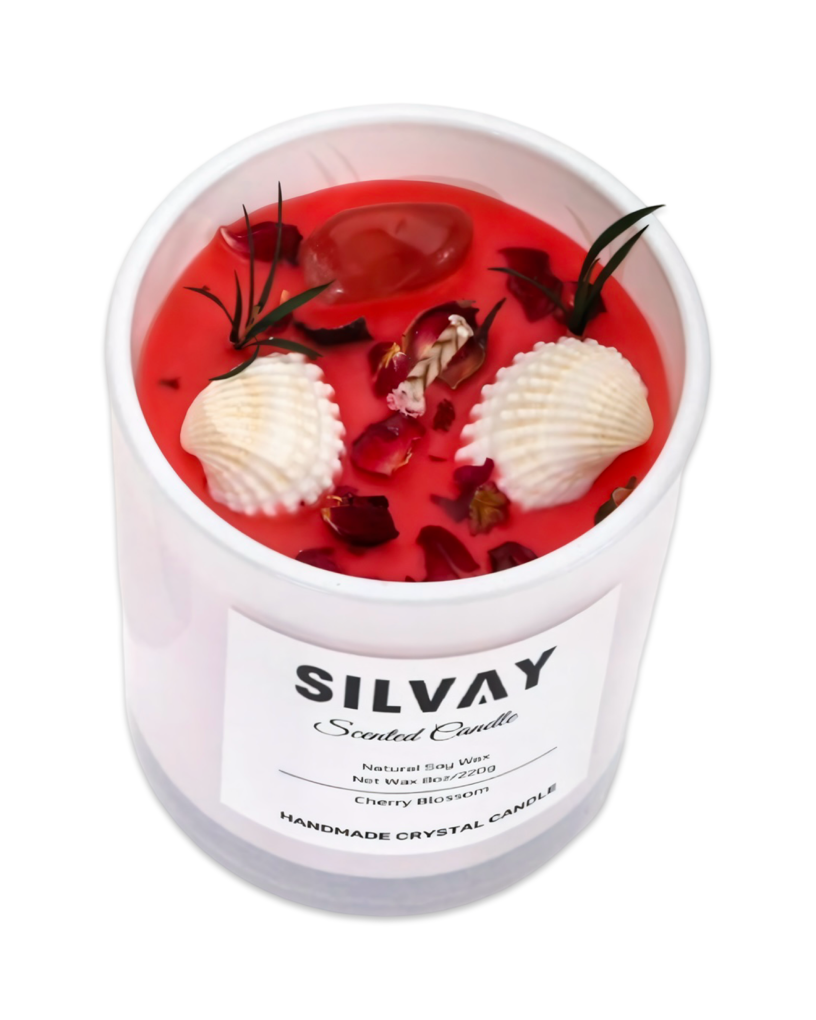 Witte pot met rode sojawaskaars, versierd met schelpen en bloemen. Geur: Cherry Blossom