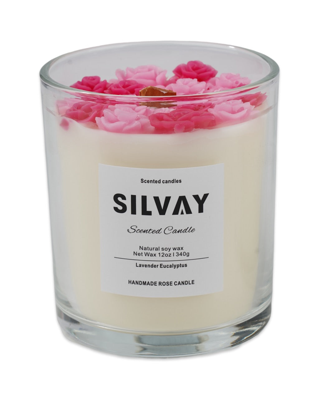 Luxe handgemaakte rozenkaars in lilac en baby roze met lavendel-eucalyptus geur, ideaal voor bruiloften, verjaardagen en speciale gelegenheden.